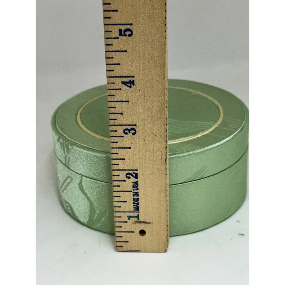 VTG Jewelry Box Green Satin Crane Bird Embroidered Round Padded Storage Case